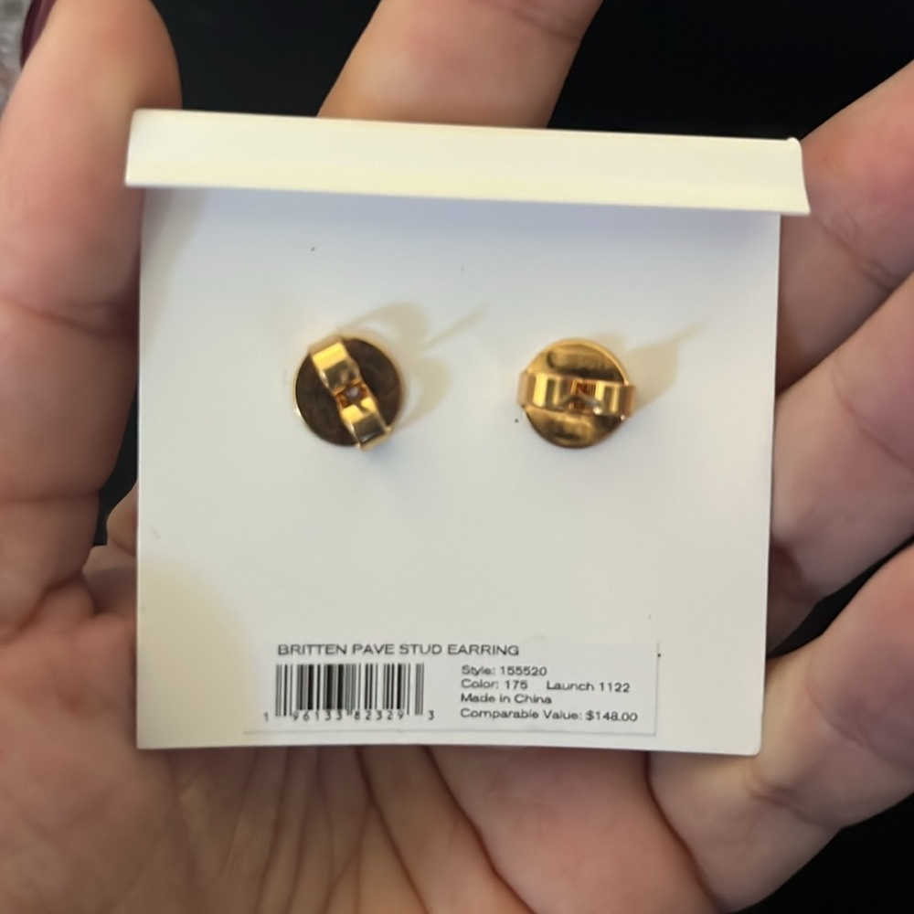 NWT AUTHENTIC TORY BURCH BRITTEN PAVE GOLD STUD‎ EARRING NEW WITH POUCH - Picture 5 of 6